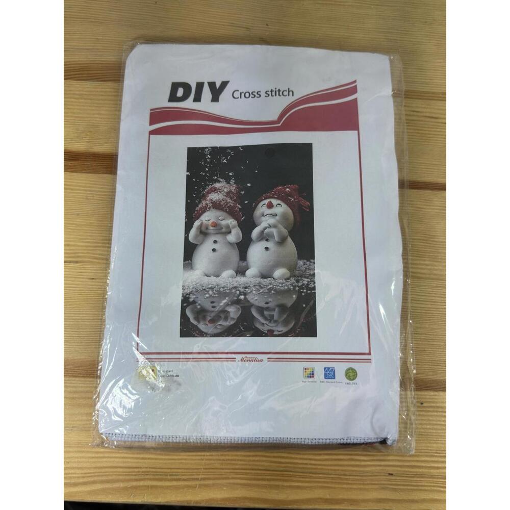 DIY Cross Stitch Kit – Two Snowmen in Red Hats Winter Scene – Printed Fabric-New
